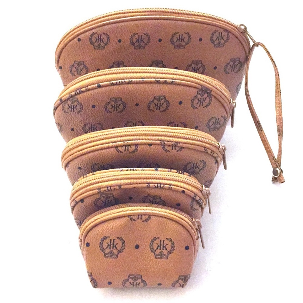 KK TRAVEL BAGS Cosmetic Jewelry Case Set 5 Faux Leather Monogram Zipper Wristlet